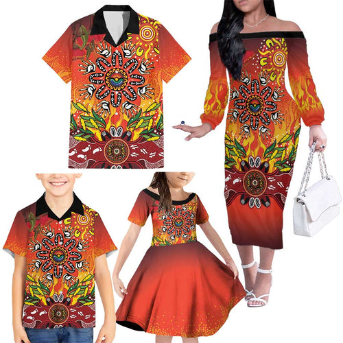 NAIDOC Week 2026 Family Matching Off The Shoulder Long Sleeve Dress and Hawaiian Shirt 50 Years of Deadly Aboriginal Dot Art