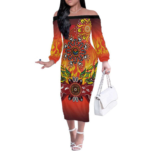 NAIDOC Week 2026 Family Matching Off The Shoulder Long Sleeve Dress and Hawaiian Shirt 50 Years of Deadly Aboriginal Dot Art