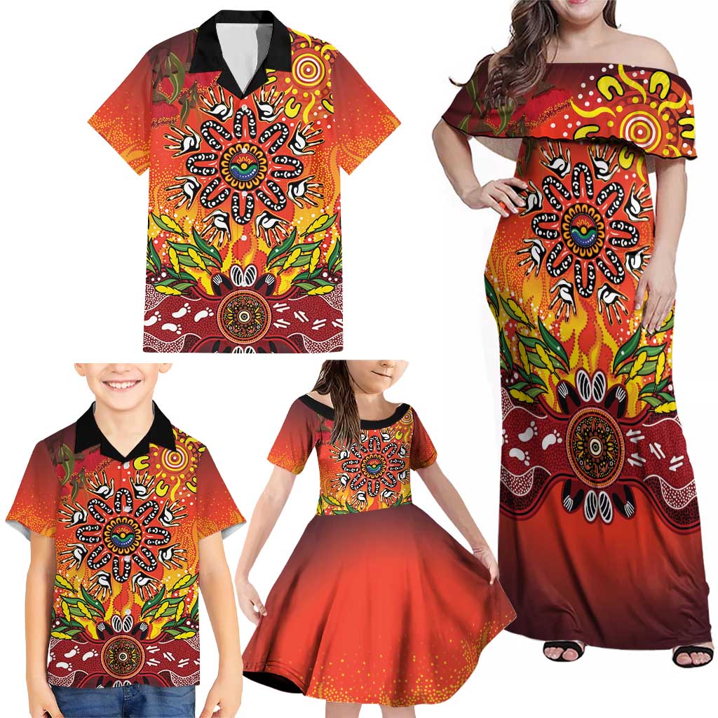 NAIDOC Week 2026 Family Matching Off Shoulder Maxi Dress and Hawaiian Shirt 50 Years of Deadly Aboriginal Dot Art