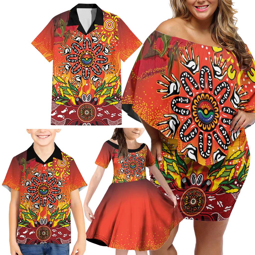 NAIDOC Week 2026 Family Matching Off Shoulder Short Dress and Hawaiian Shirt 50 Years of Deadly Aboriginal Dot Art