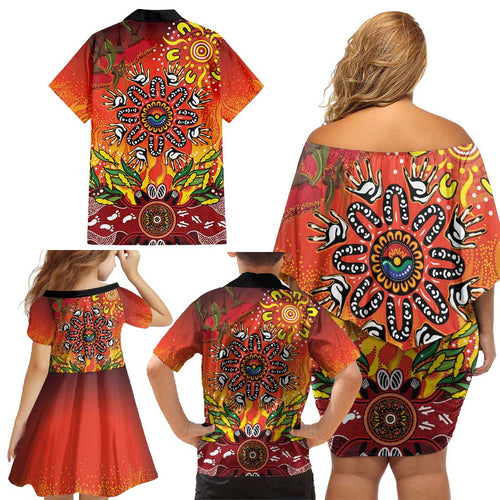 NAIDOC Week 2026 Family Matching Off Shoulder Short Dress and Hawaiian Shirt 50 Years of Deadly Aboriginal Dot Art