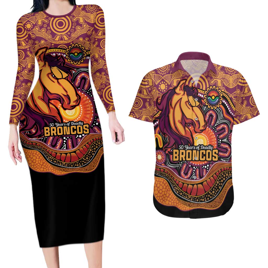 Custom Broncos Honouring First Nations Couples Matching Long Sleeve Bodycon Dress and Hawaiian Shirt NAIDOC 2026 Deadly 50 Years