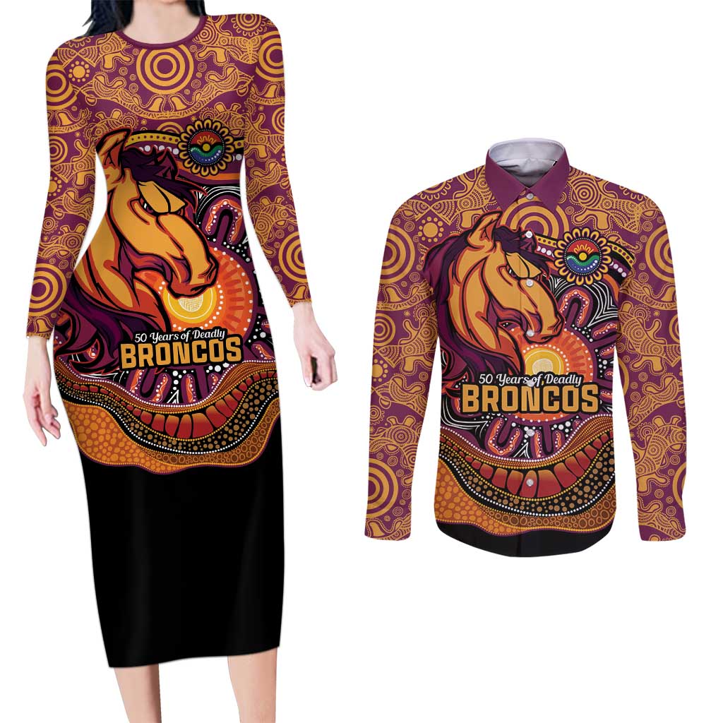 Custom Broncos Honouring First Nations Couples Matching Long Sleeve Bodycon Dress and Long Sleeve Button Shirt NAIDOC 2026 Deadly 50 Years