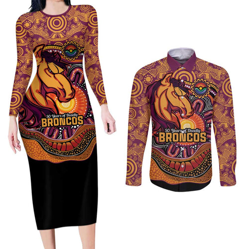 Custom Broncos Honouring First Nations Couples Matching Long Sleeve Bodycon Dress and Long Sleeve Button Shirt NAIDOC 2026 Deadly 50 Years