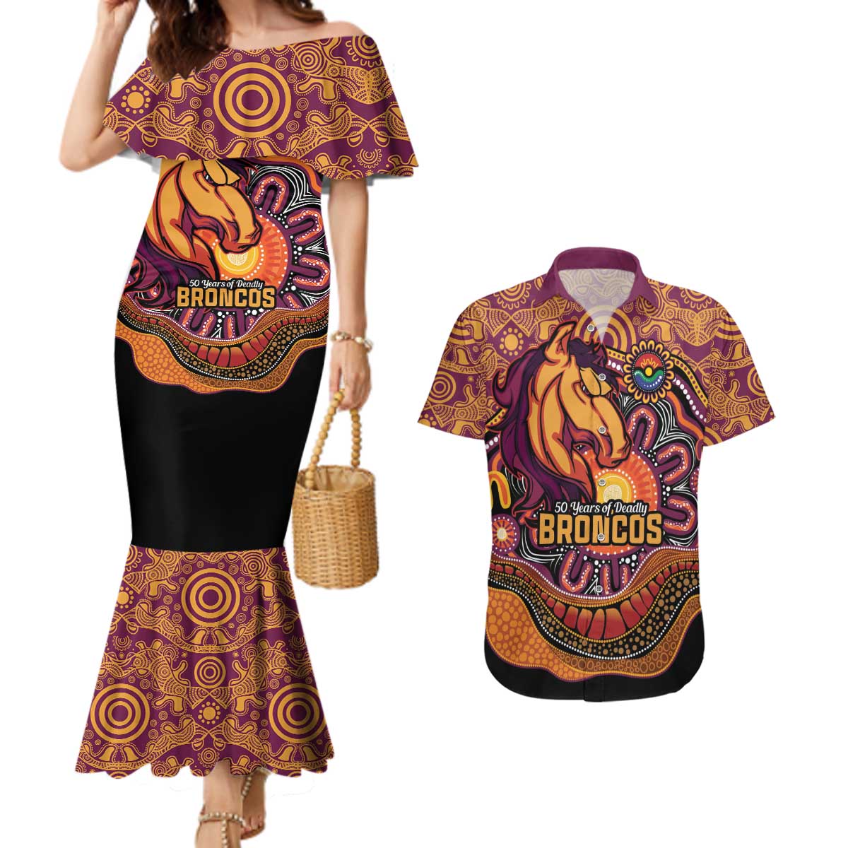 Custom Broncos Honouring First Nations Couples Matching Mermaid Dress and Hawaiian Shirt NAIDOC 2026 Deadly 50 Years