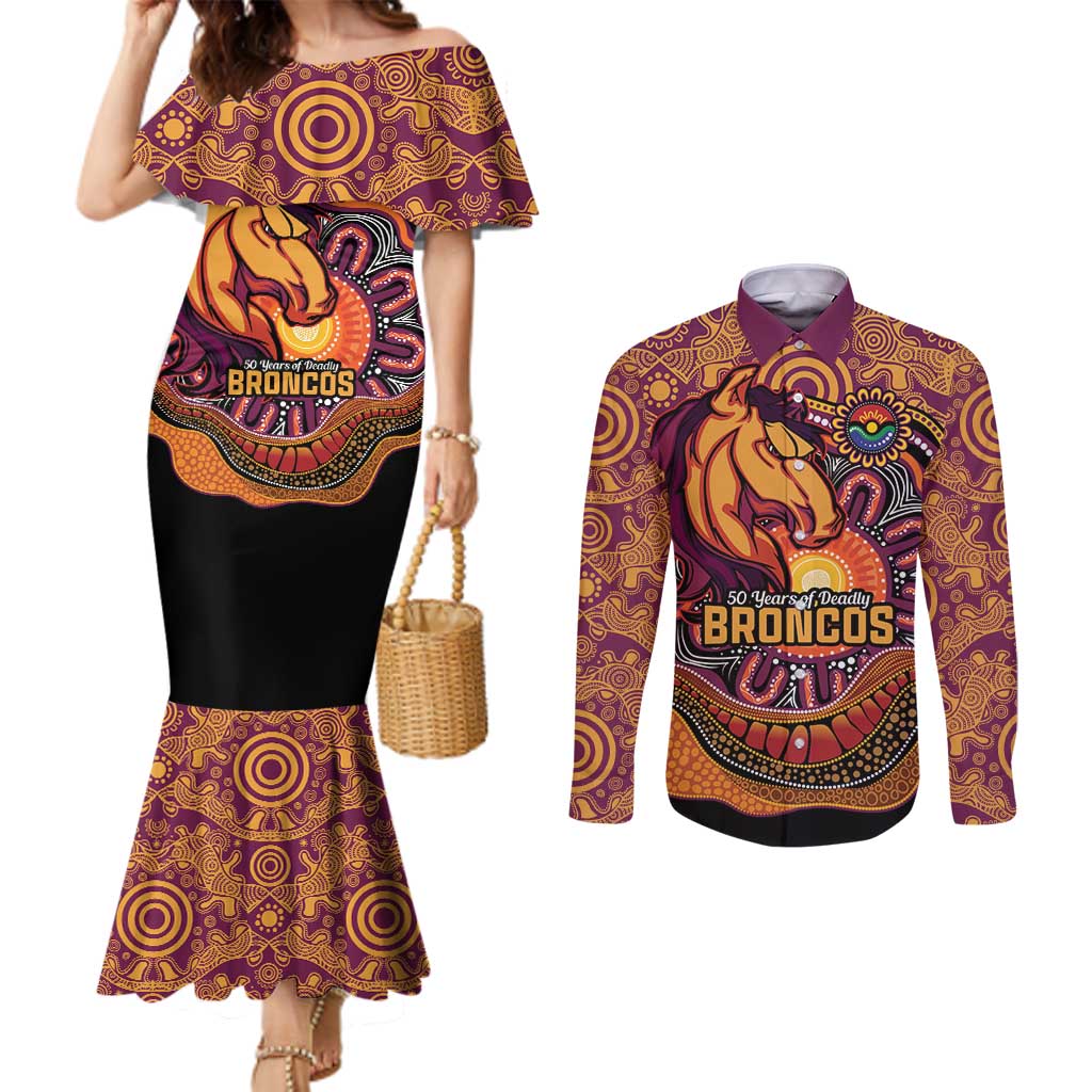 Custom Broncos Honouring First Nations Couples Matching Mermaid Dress and Long Sleeve Button Shirt NAIDOC 2026 Deadly 50 Years