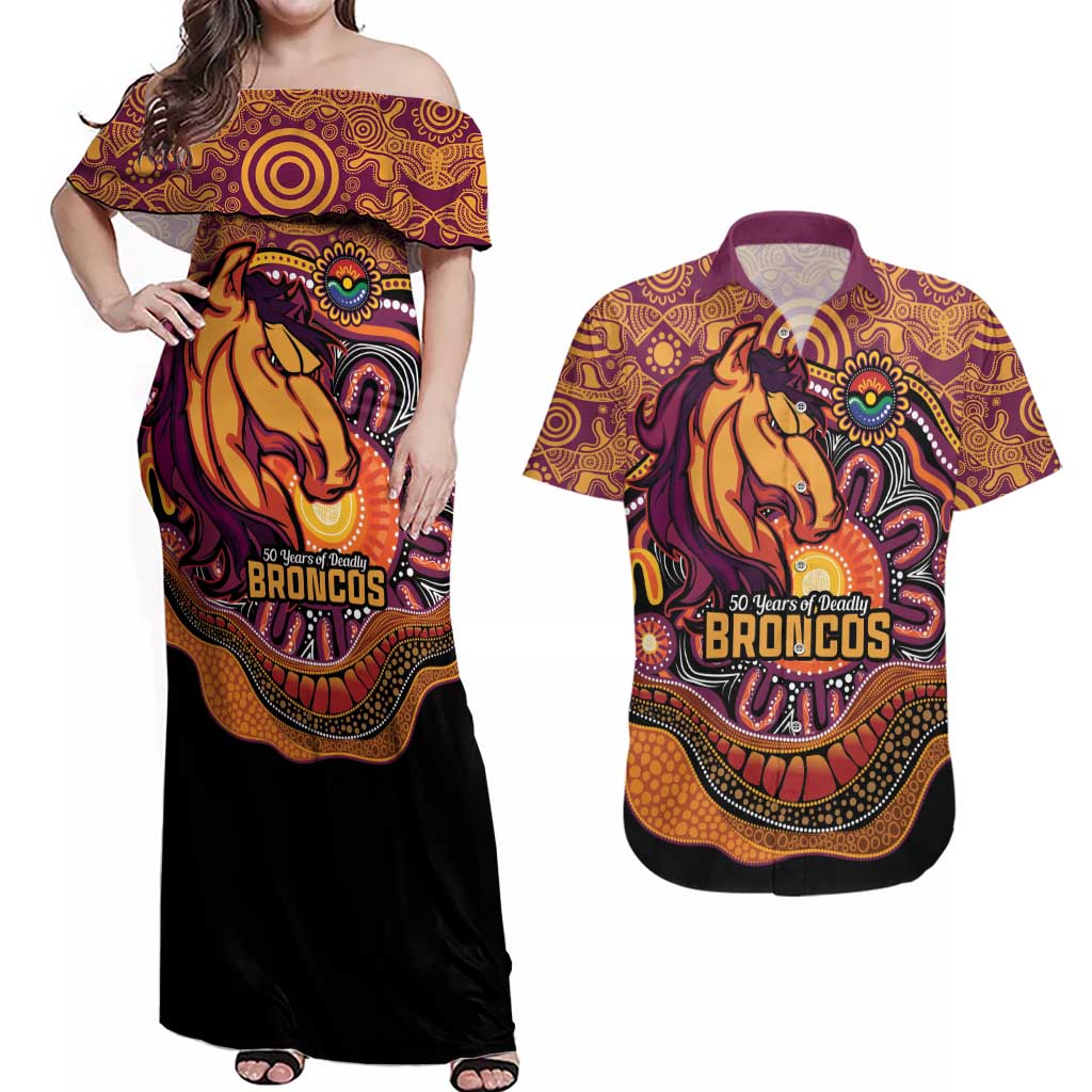 Custom Broncos Honouring First Nations Couples Matching Off Shoulder Maxi Dress and Hawaiian Shirt NAIDOC 2026 Deadly 50 Years