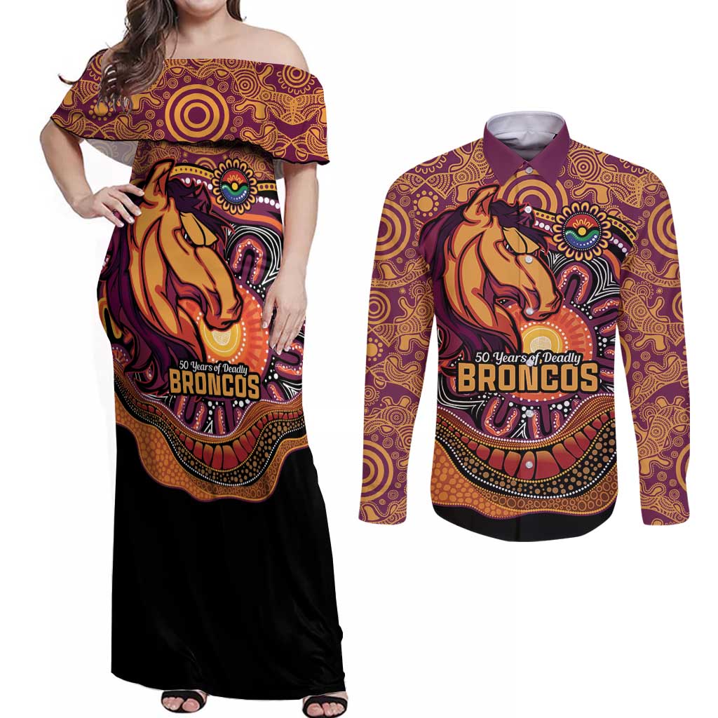 Custom Broncos Honouring First Nations Couples Matching Off Shoulder Maxi Dress and Long Sleeve Button Shirt NAIDOC 2026 Deadly 50 Years
