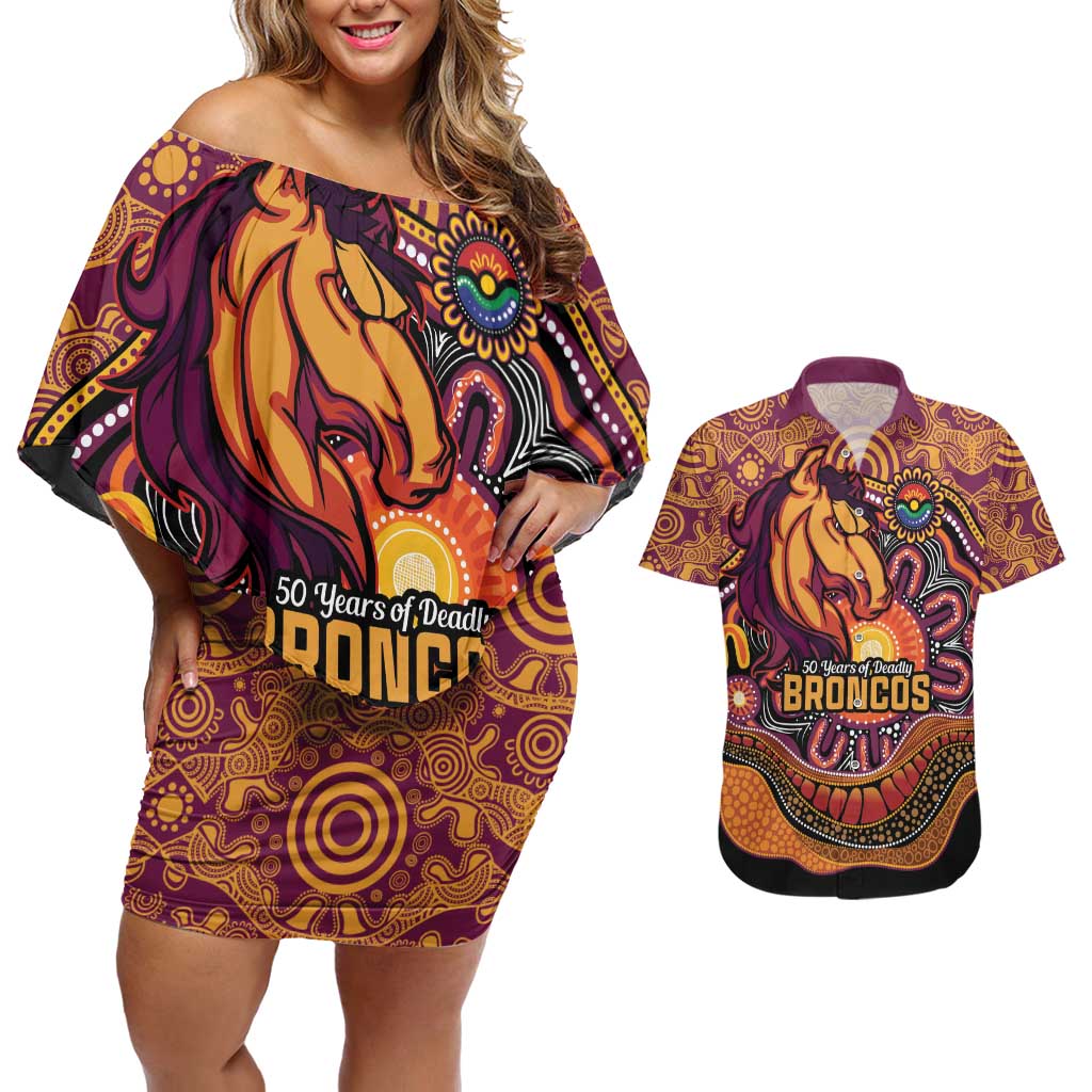 Custom Broncos Honouring First Nations Couples Matching Off Shoulder Short Dress and Hawaiian Shirt NAIDOC 2026 Deadly 50 Years
