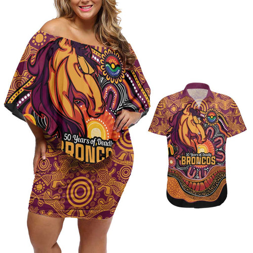 Custom Broncos Honouring First Nations Couples Matching Off Shoulder Short Dress and Hawaiian Shirt NAIDOC 2026 Deadly 50 Years