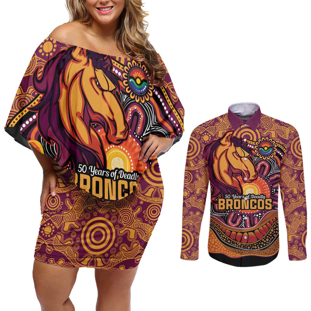 Custom Broncos Honouring First Nations Couples Matching Off Shoulder Short Dress and Long Sleeve Button Shirt NAIDOC 2026 Deadly 50 Years