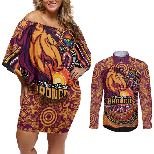 Custom Broncos Honouring First Nations Couples Matching Off Shoulder Short Dress and Long Sleeve Button Shirt NAIDOC 2026 Deadly 50 Years