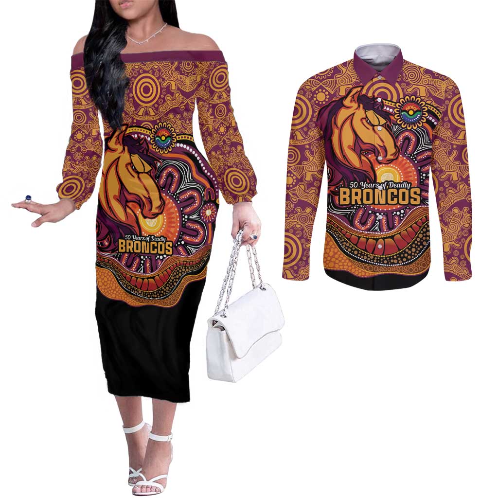 Custom Broncos Honouring First Nations Couples Matching Off The Shoulder Long Sleeve Dress and Long Sleeve Button Shirt NAIDOC 2026 Deadly 50 Years