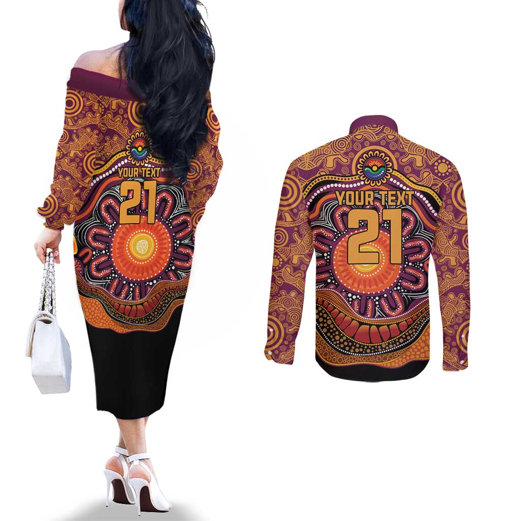 Custom Broncos Honouring First Nations Couples Matching Off The Shoulder Long Sleeve Dress and Long Sleeve Button Shirt NAIDOC 2026 Deadly 50 Years