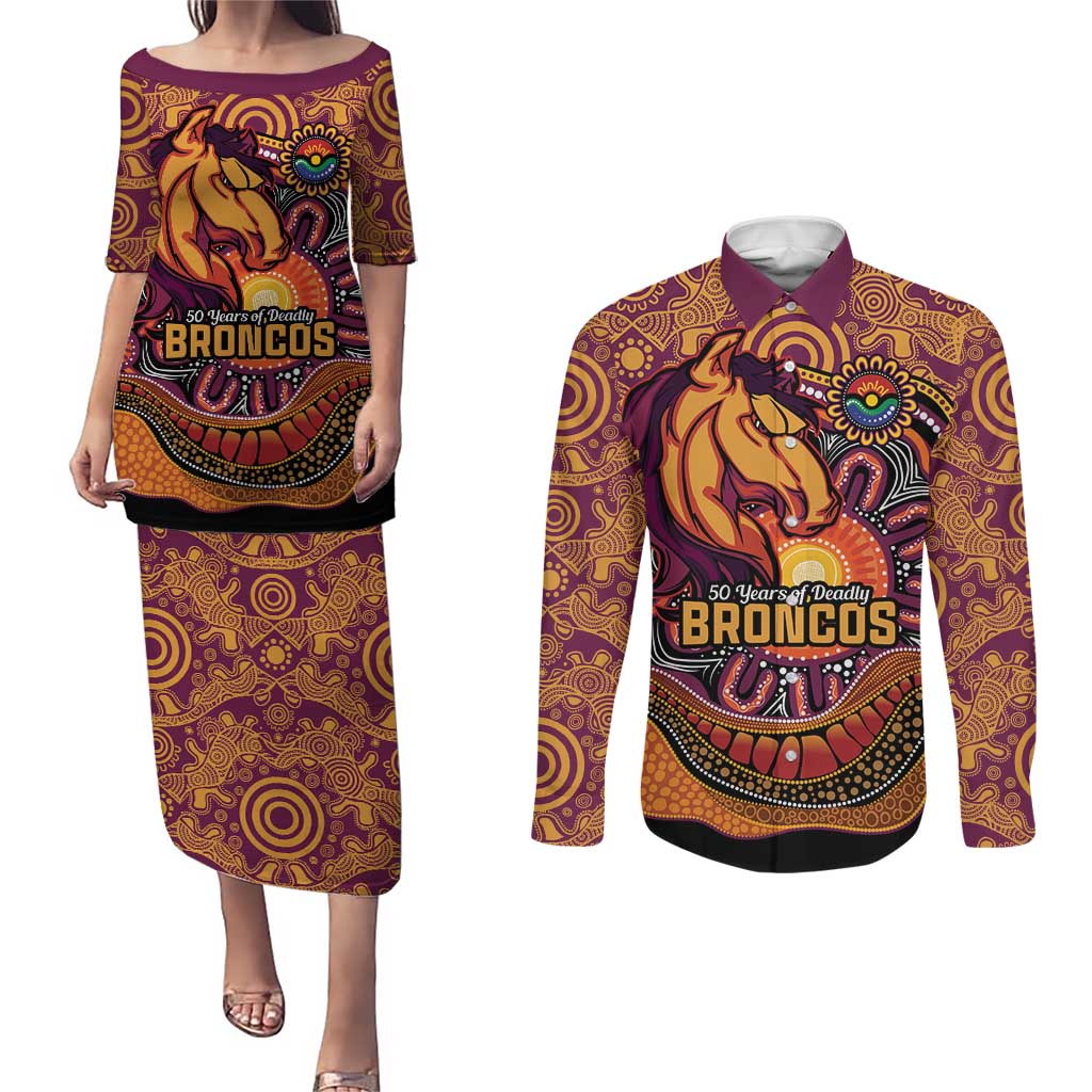 Custom Broncos Honouring First Nations Couples Matching Puletasi and Long Sleeve Button Shirt NAIDOC 2026 Deadly 50 Years