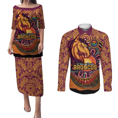 Custom Broncos Honouring First Nations Couples Matching Puletasi and Long Sleeve Button Shirt NAIDOC 2026 Deadly 50 Years
