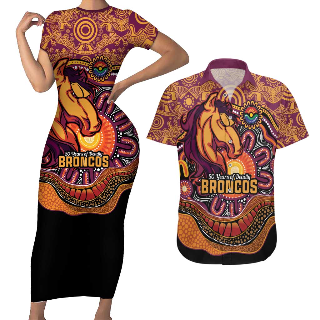Custom Broncos Honouring First Nations Couples Matching Short Sleeve Bodycon Dress and Hawaiian Shirt NAIDOC 2026 Deadly 50 Years
