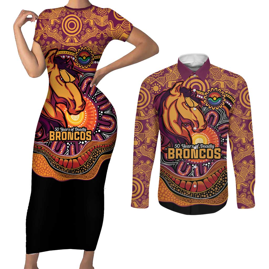 Custom Broncos Honouring First Nations Couples Matching Short Sleeve Bodycon Dress and Long Sleeve Button Shirt NAIDOC 2026 Deadly 50 Years