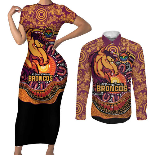 Custom Broncos Honouring First Nations Couples Matching Short Sleeve Bodycon Dress and Long Sleeve Button Shirt NAIDOC 2026 Deadly 50 Years