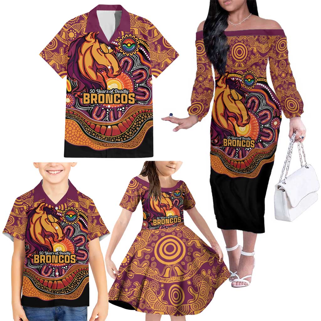 Custom Broncos Honouring First Nations Family Matching Off The Shoulder Long Sleeve Dress and Hawaiian Shirt NAIDOC 2026 Deadly 50 Years