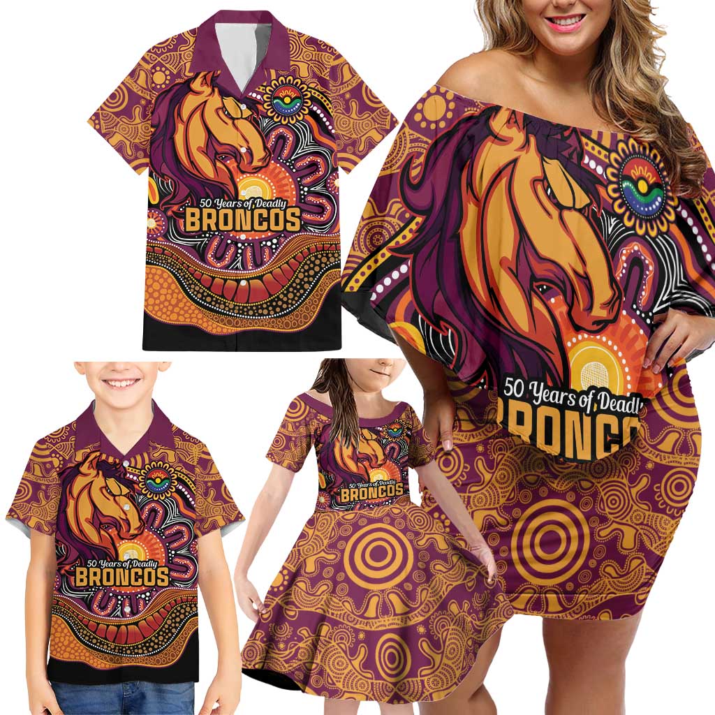 Custom Broncos Honouring First Nations Family Matching Off Shoulder Short Dress and Hawaiian Shirt NAIDOC 2026 Deadly 50 Years