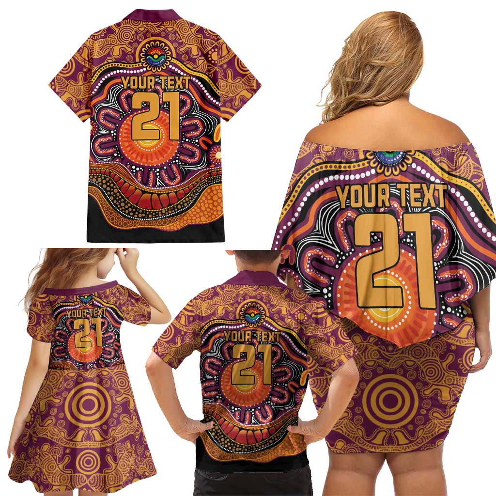 Custom Broncos Honouring First Nations Family Matching Off Shoulder Short Dress and Hawaiian Shirt NAIDOC 2026 Deadly 50 Years