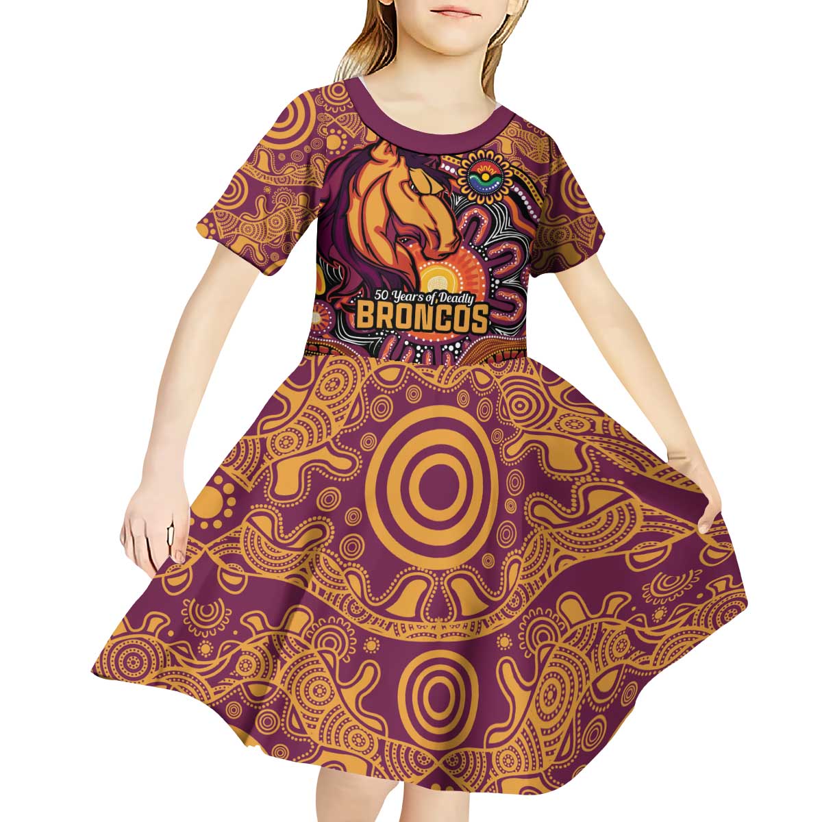 Custom Broncos Honouring First Nations Kid Short Sleeve Dress NAIDOC 2026 Deadly 50 Years