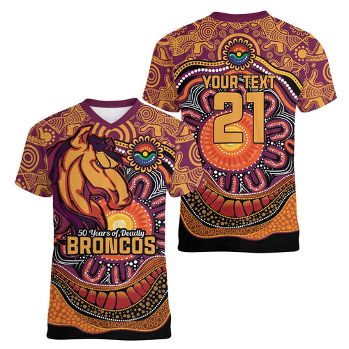 Custom Broncos Honouring First Nations Women V-Neck T-Shirt NAIDOC 2026 Deadly 50 Years