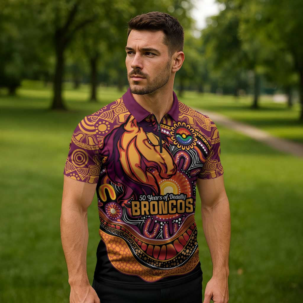 Custom Broncos Honouring First Nations Zipper Polo Shirt NAIDOC 2026 Deadly 50 Years