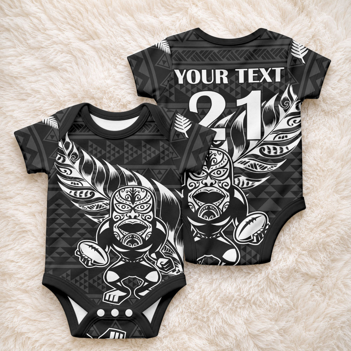 New Zealand Maori Rugby Warrior Custom Baby Onesie Black Fern Taniko Motif