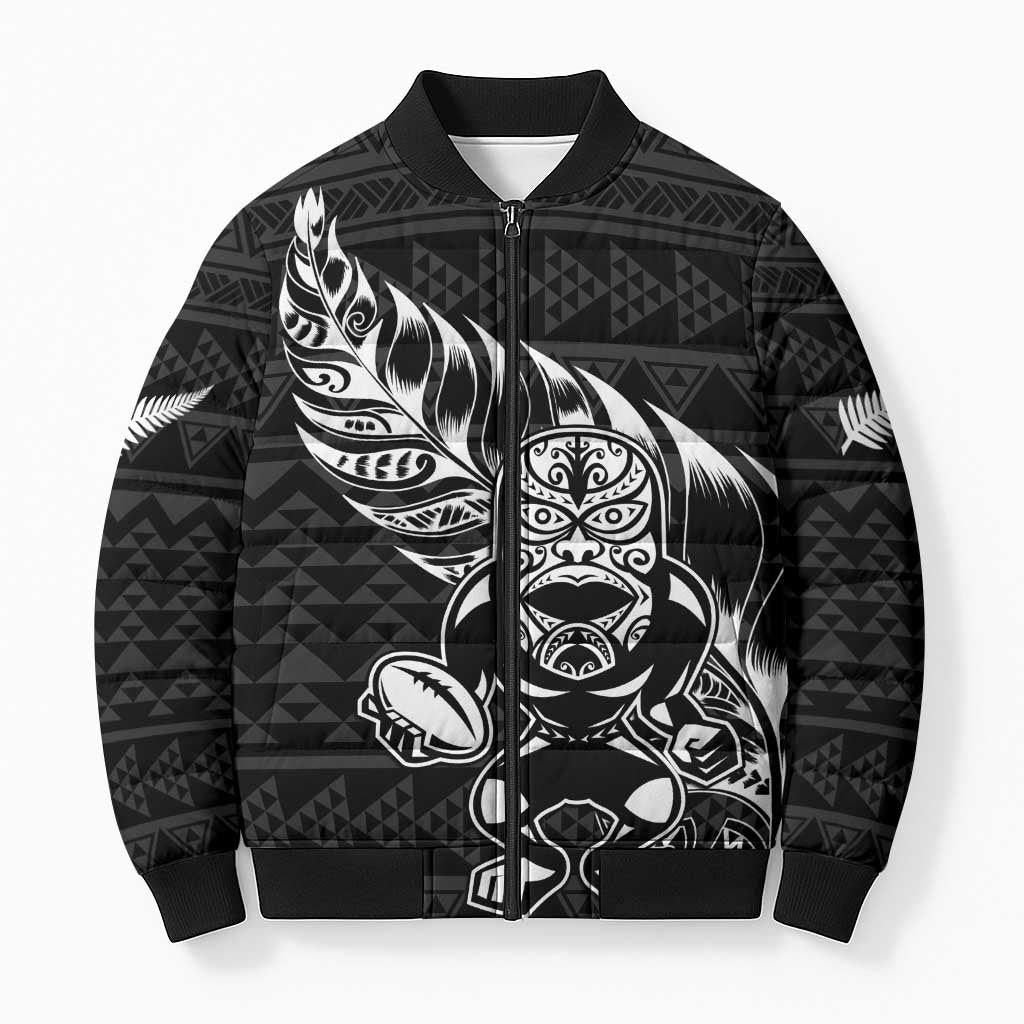 New Zealand Rugby Warrior Custom Bomber Puffer Jacket Black Fern Taniko Motif - Aussie Hoodie