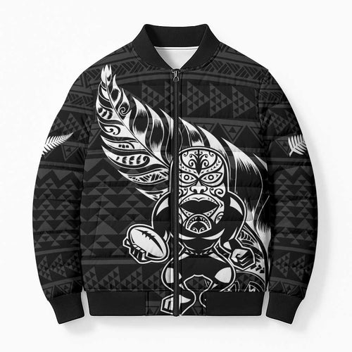 New Zealand Rugby Warrior Custom Bomber Puffer Jacket Black Fern Taniko Motif - Aussie Hoodie