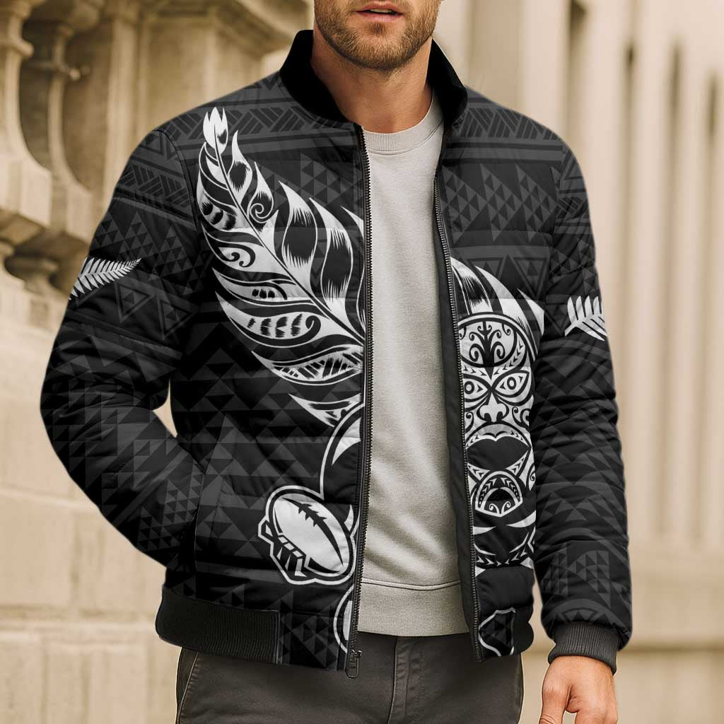 New Zealand Rugby Warrior Custom Bomber Puffer Jacket Black Fern Taniko Motif - Aussie Hoodie