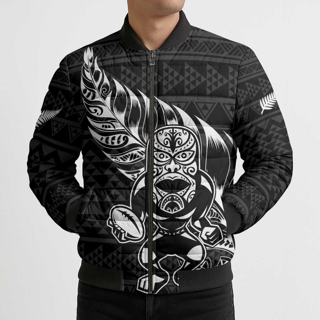 New Zealand Rugby Warrior Custom Bomber Puffer Jacket Black Fern Taniko Motif - Aussie Hoodie