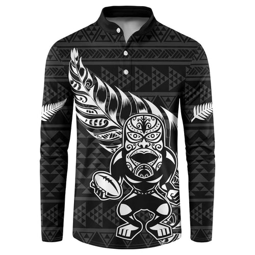 New Zealand Rugby Warrior Custom Button Sweatshirt Black Fern Taniko Motif