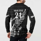 New Zealand Rugby Warrior Custom Button Sweatshirt Black Fern Taniko Motif