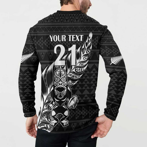 New Zealand Rugby Warrior Custom Button Sweatshirt Black Fern Taniko Motif