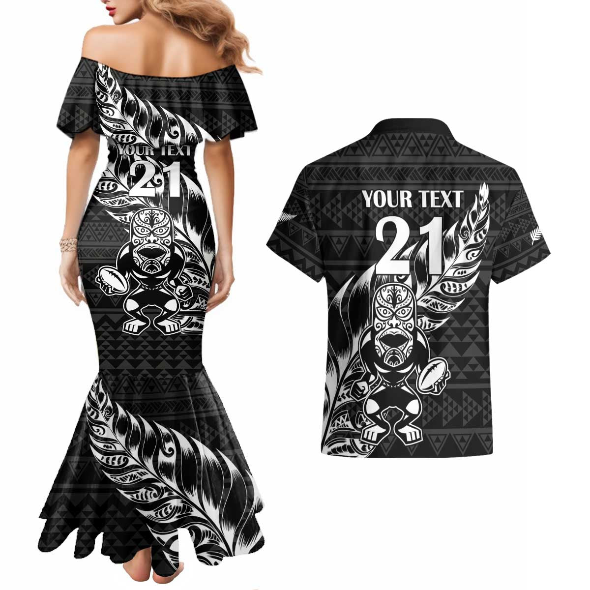 New Zealand Rugby Warrior Custom Couples Matching Mermaid Dress and Hawaiian Shirt Black Fern Taniko Motif