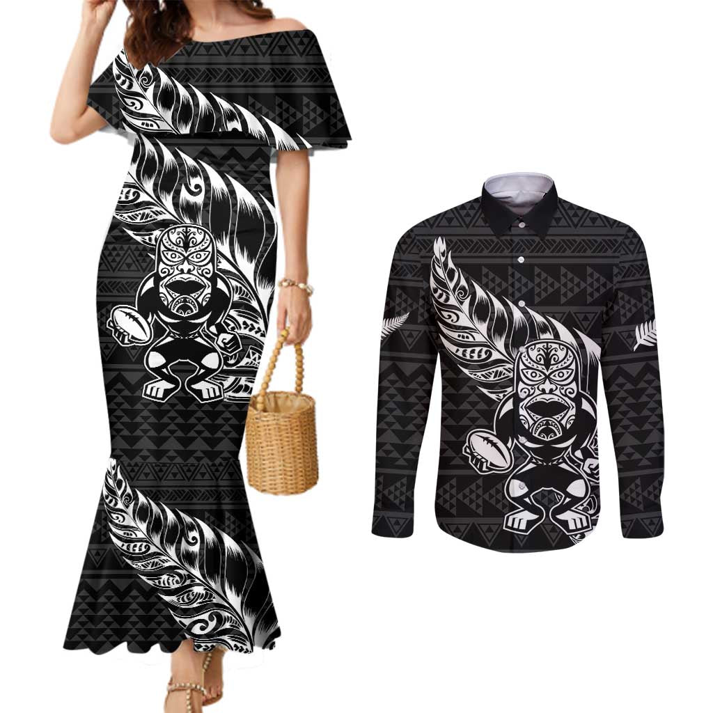 New Zealand Rugby Warrior Custom Couples Matching Mermaid Dress and Long Sleeve Button Shirt Black Fern Taniko Motif