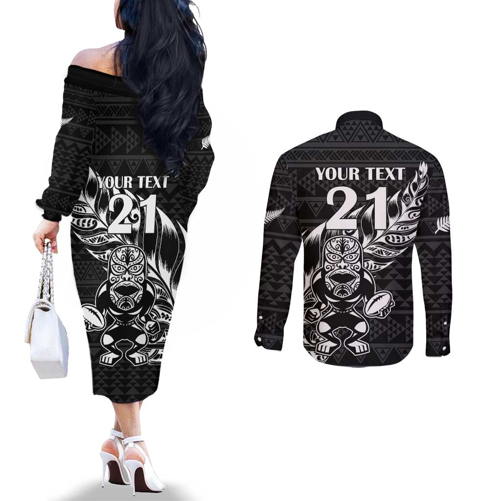 New Zealand Rugby Warrior Custom Couples Matching Off The Shoulder Long Sleeve Dress and Long Sleeve Button Shirt Black Fern Taniko Motif