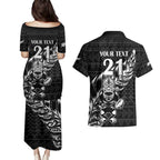 New Zealand Rugby Warrior Custom Couples Matching Puletasi and Hawaiian Shirt Black Fern Taniko Motif
