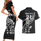New Zealand Rugby Warrior Custom Couples Matching Short Sleeve Bodycon Dress and Hawaiian Shirt Black Fern Taniko Motif