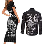 New Zealand Rugby Warrior Custom Couples Matching Short Sleeve Bodycon Dress and Long Sleeve Button Shirt Black Fern Taniko Motif