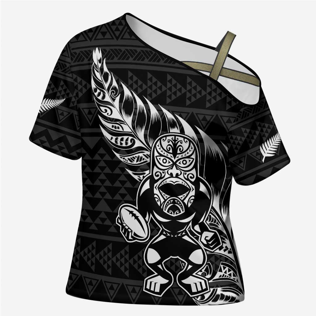 New Zealand Rugby Warrior Custom Cross Shoulder Shirt Black Fern Taniko Motif - Aussie Hoodie