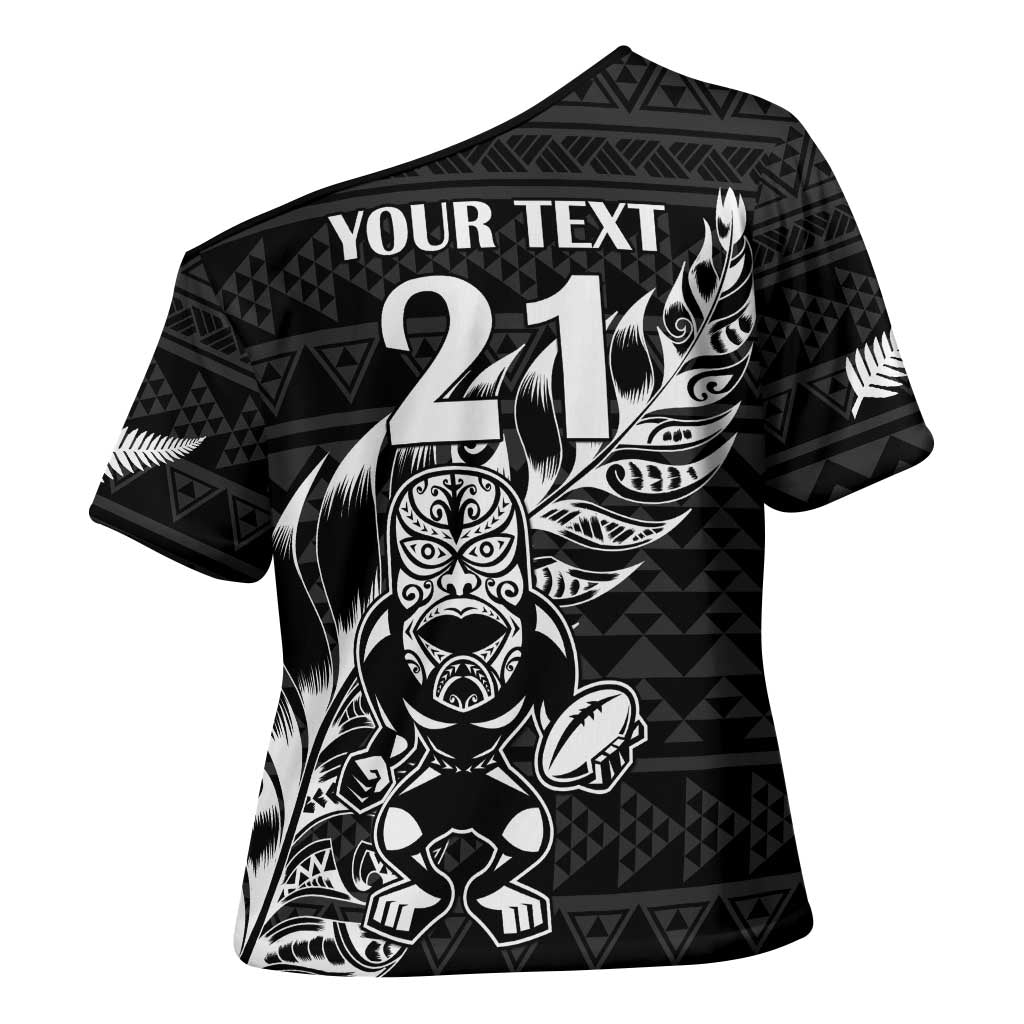 New Zealand Rugby Warrior Custom Cross Shoulder Shirt Black Fern Taniko Motif - Aussie Hoodie