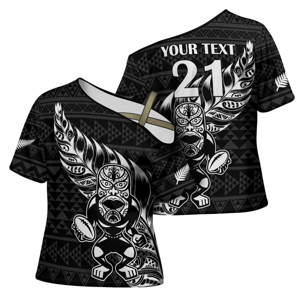 New Zealand Rugby Warrior Custom Cross Shoulder Shirt Black Fern Taniko Motif - Aussie Hoodie