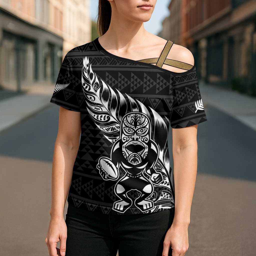 New Zealand Rugby Warrior Custom Cross Shoulder Shirt Black Fern Taniko Motif - Aussie Hoodie