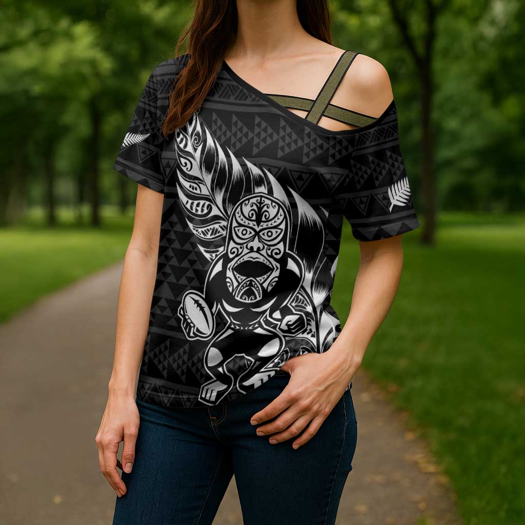 New Zealand Rugby Warrior Custom Cross Shoulder Shirt Black Fern Taniko Motif - Aussie Hoodie