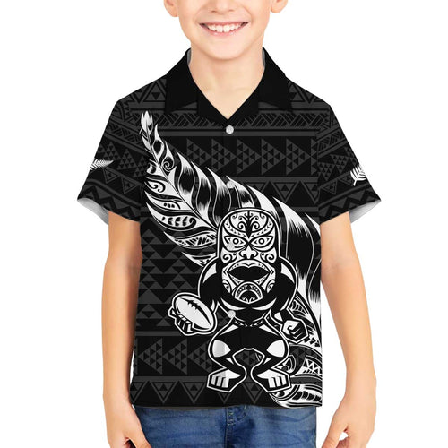 New Zealand Rugby Warrior Custom Family Matching Off The Shoulder Long Sleeve Dress and Hawaiian Shirt Black Fern Taniko Motif