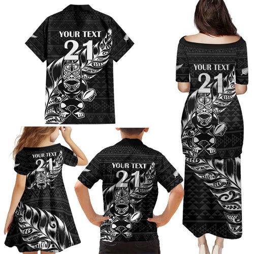 New Zealand Rugby Warrior Custom Family Matching Puletasi and Hawaiian Shirt Black Fern Taniko Motif